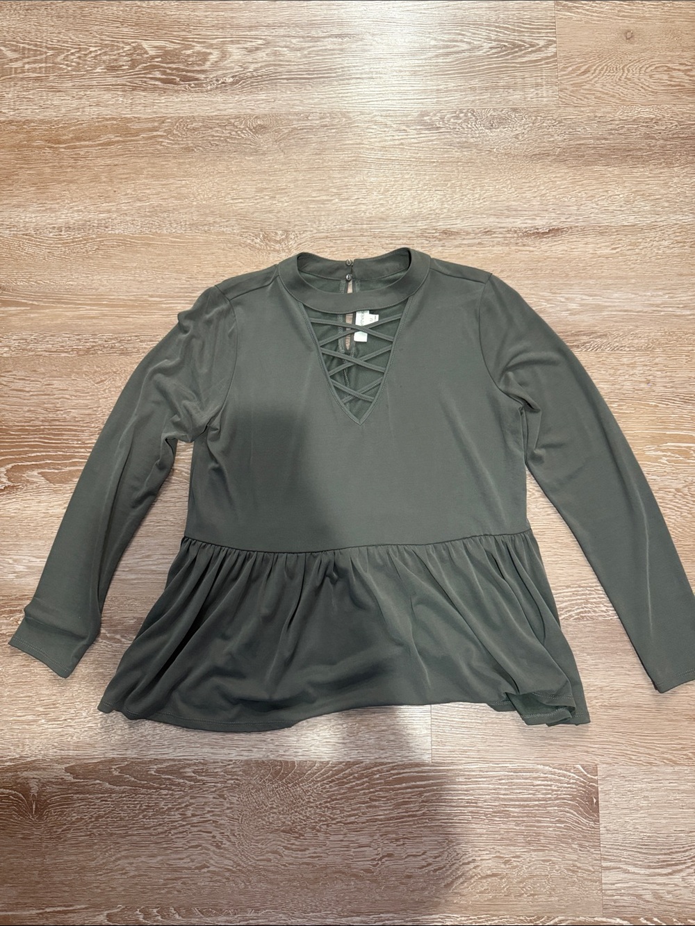 Long-Sleeve Olive Green Peplum Tunic with Lattice V-Neck